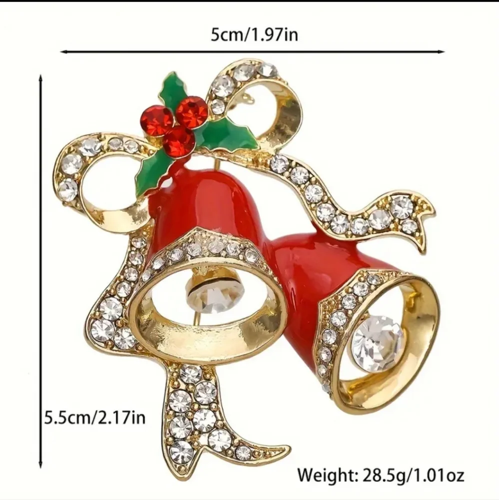Christmas Bell Brooch Festive Pin With Rhinestones